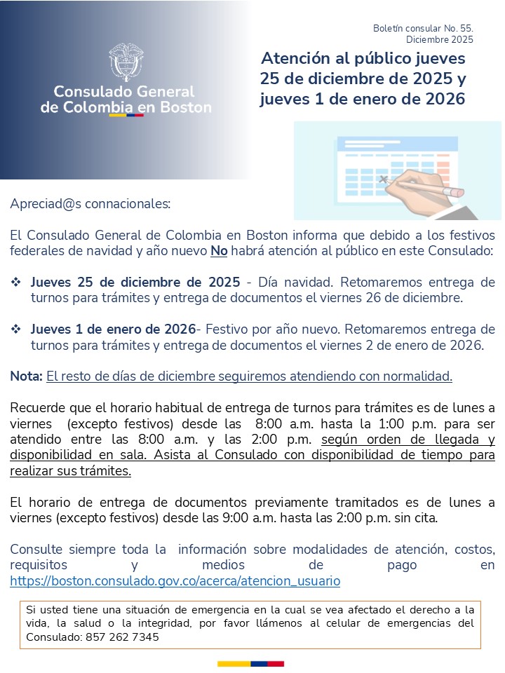 Horario de atención: 25 de diciembre de 2025 y 1 de enero de 2026