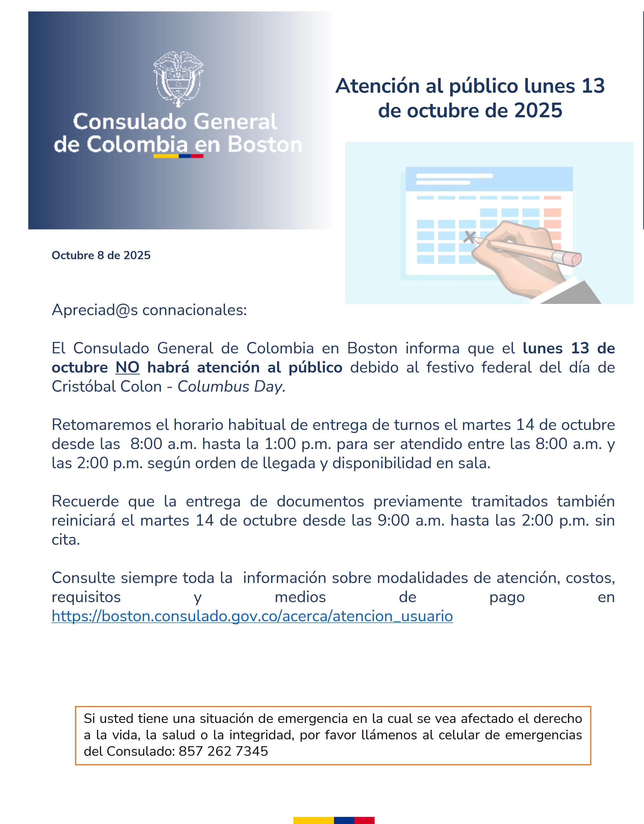 Consulado no tendrá atención al público lunes 13 de octubre de 2025