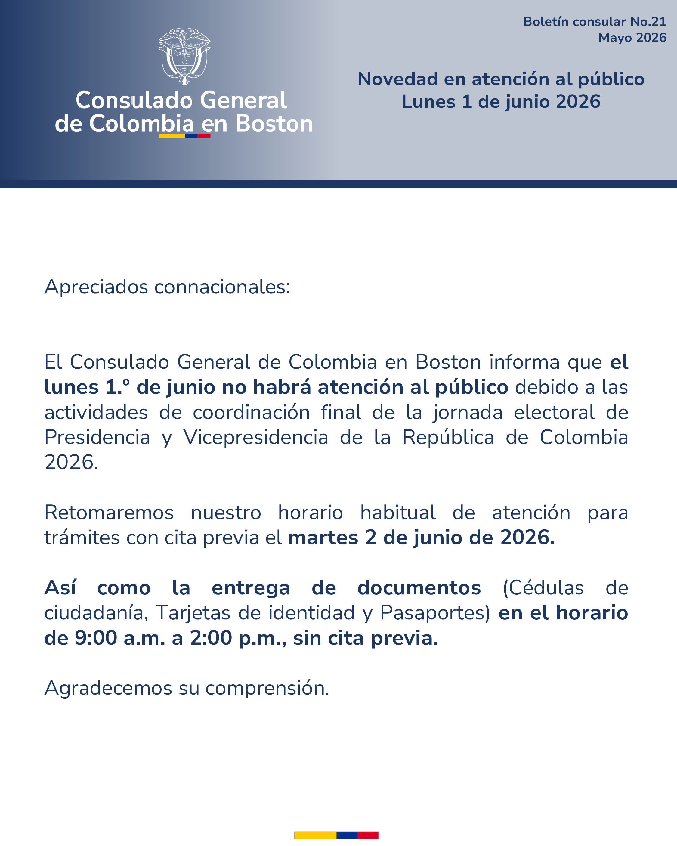 Boletín No. 21 - Atención al público el lunes 1 de junio