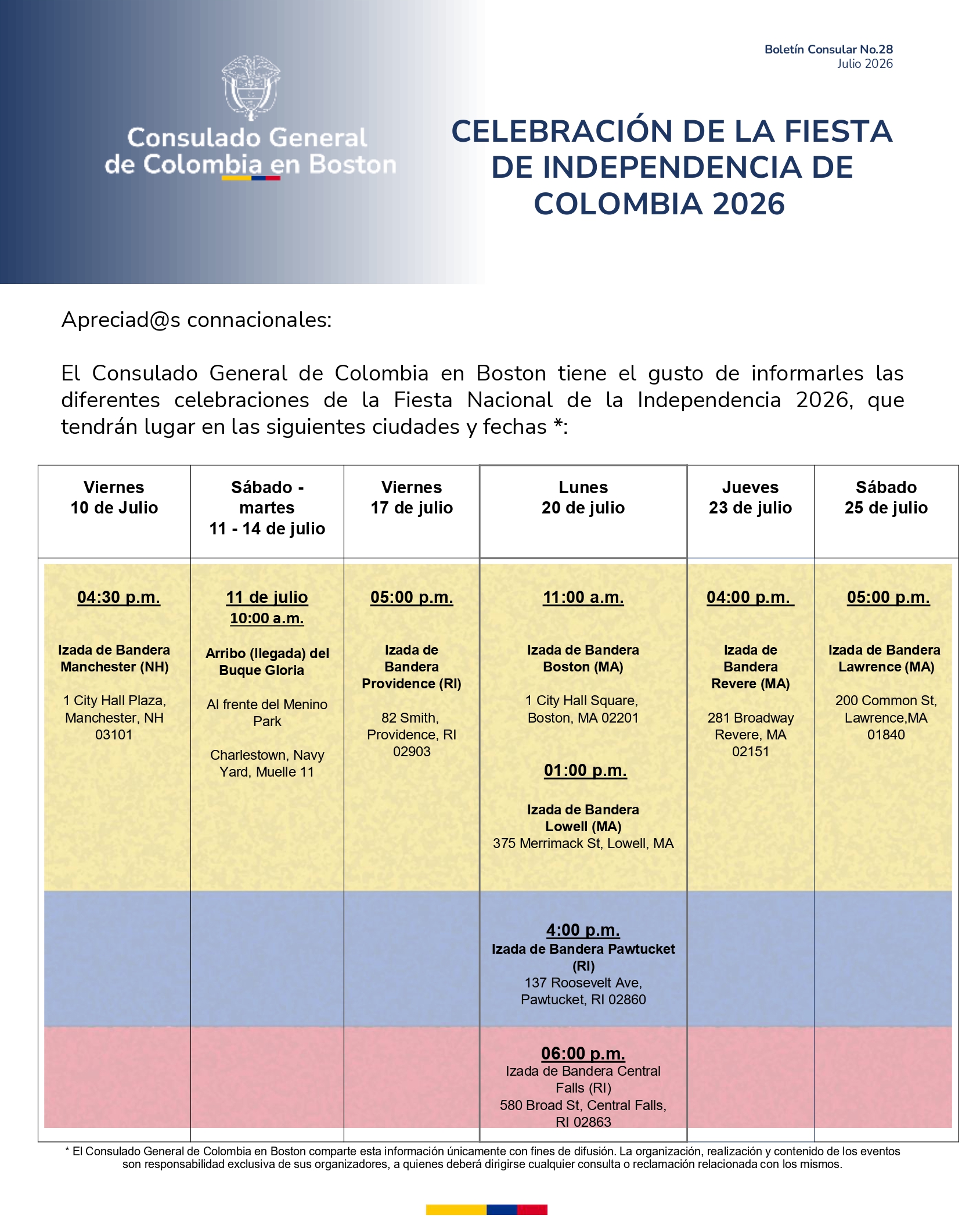 Celebraciones de la Fiesta de la Independencia de Colombia 2026 en la circunscripción de Boston