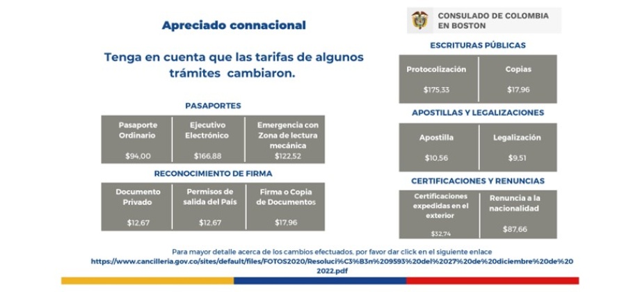 El Consulado de Colombia en Boston informa sobre el cambio de algunas tarifas 