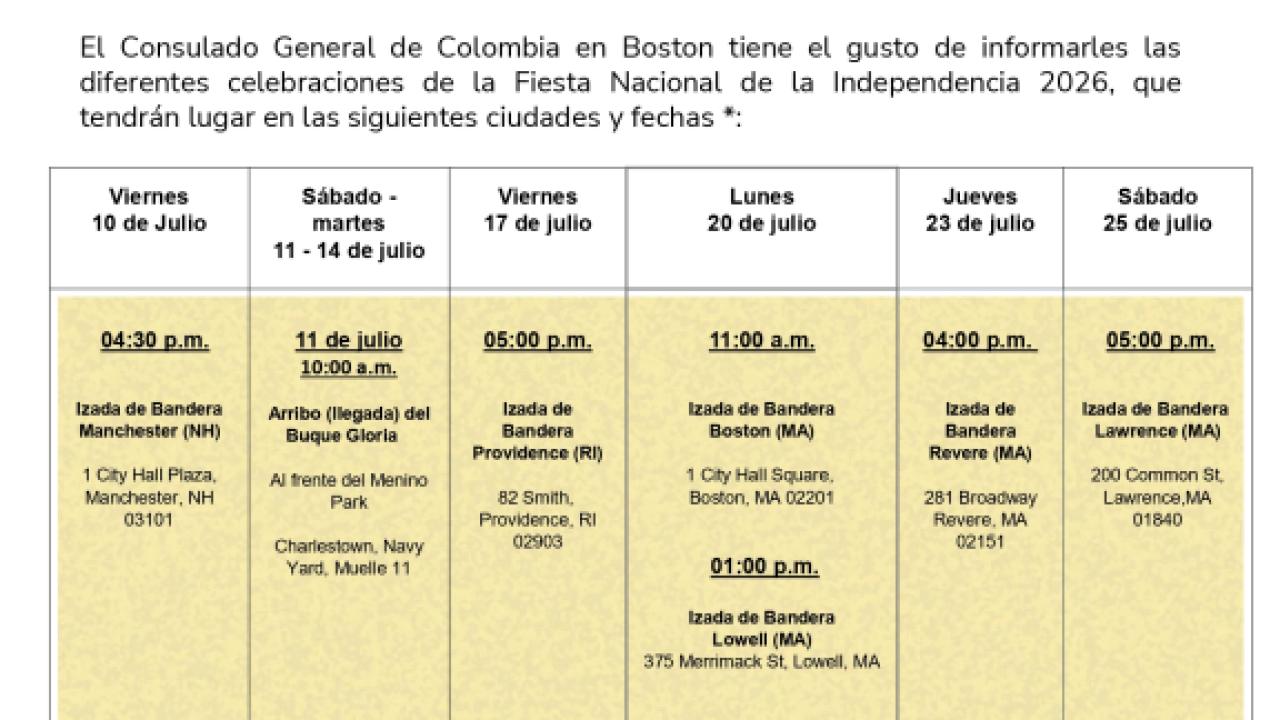 Celebraciones de la Fiesta de la Independencia de Colombia 2026 en la circunscripción de Boston