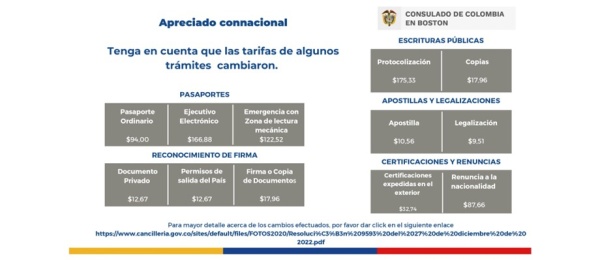 El Consulado de Colombia en Boston informa sobre el cambio de algunas tarifas 